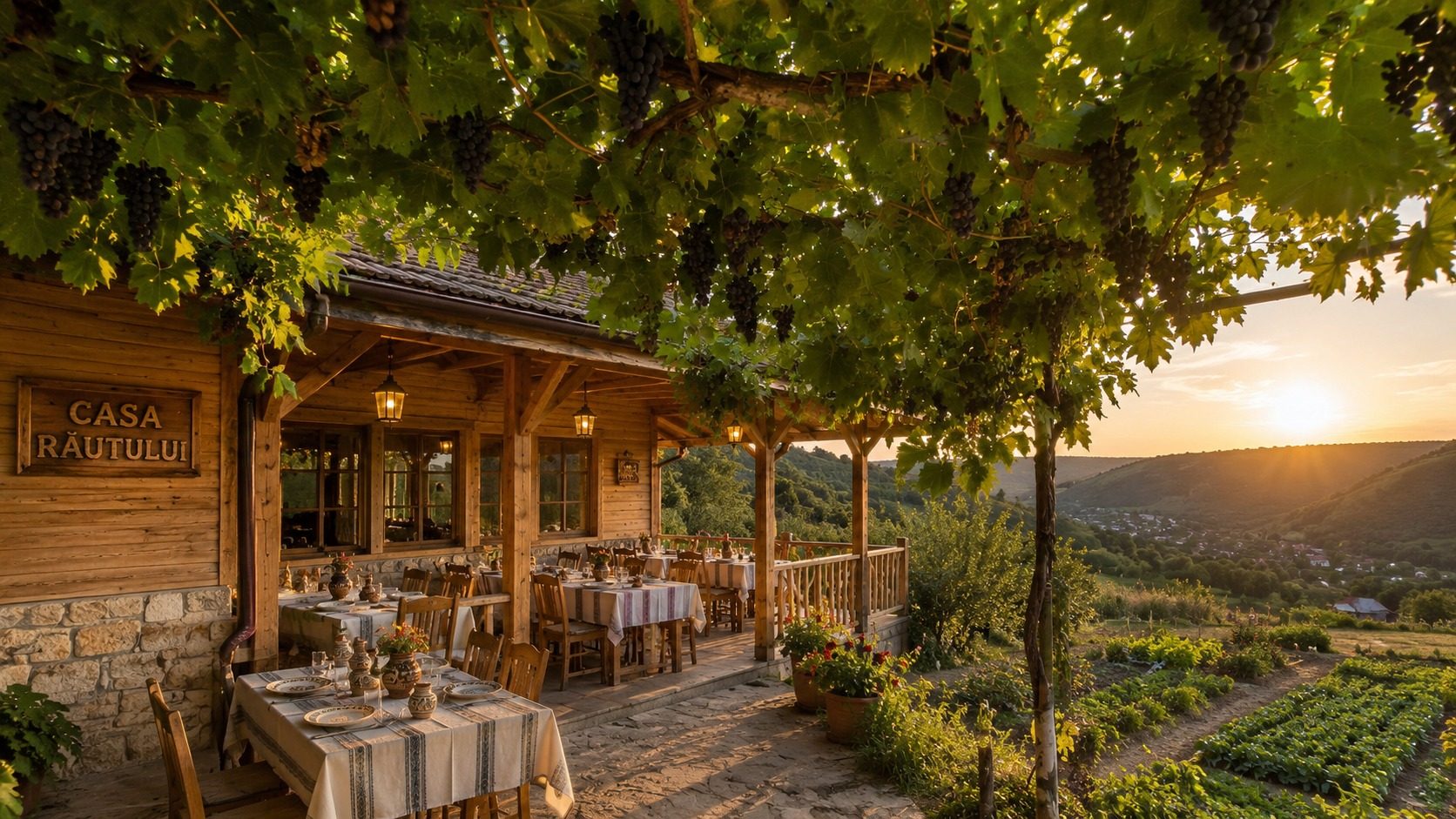 Terasa-restaurant sub pergola de viță (vizualizare concept)